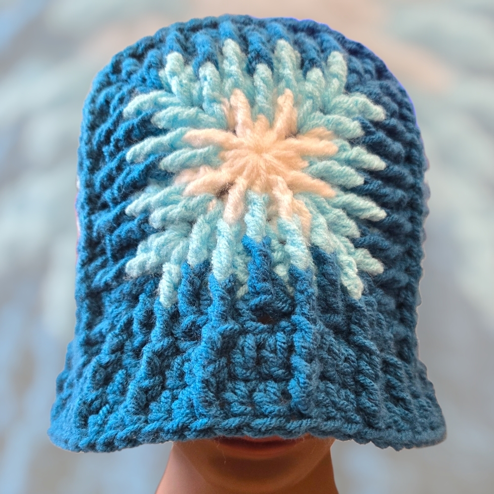 Snowflake Turquoise/Blue Granny Square Bucket Hat, Handmade By Me, OFFERS OPEN